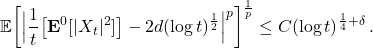 \begin{equation*} \mathbb{E} \biggl[ \Bigl| \frac{1}{t} \bigl[ \mathbf{E}^0[ |X_t|^2 ] \bigr] - 2d\cstar (\log t)^{\frac 12} \Bigr|^p \biggr]^{\frac1p} \leq C (\log t)^{\frac 14+\delta} \,.\end{equation*}