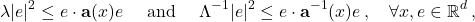 \begin{equation*}  \lambda |e|^2 \leq e \cdot \mathbf{a} (x)e \quad \text{ and } \quad \Lambda^{-1} |e|^2 \leq e \cdot \mathbf{a}^{-1} (x)e \,, \quad \forall x,e\in\mathbb{R}^d\,, \end{equation*}